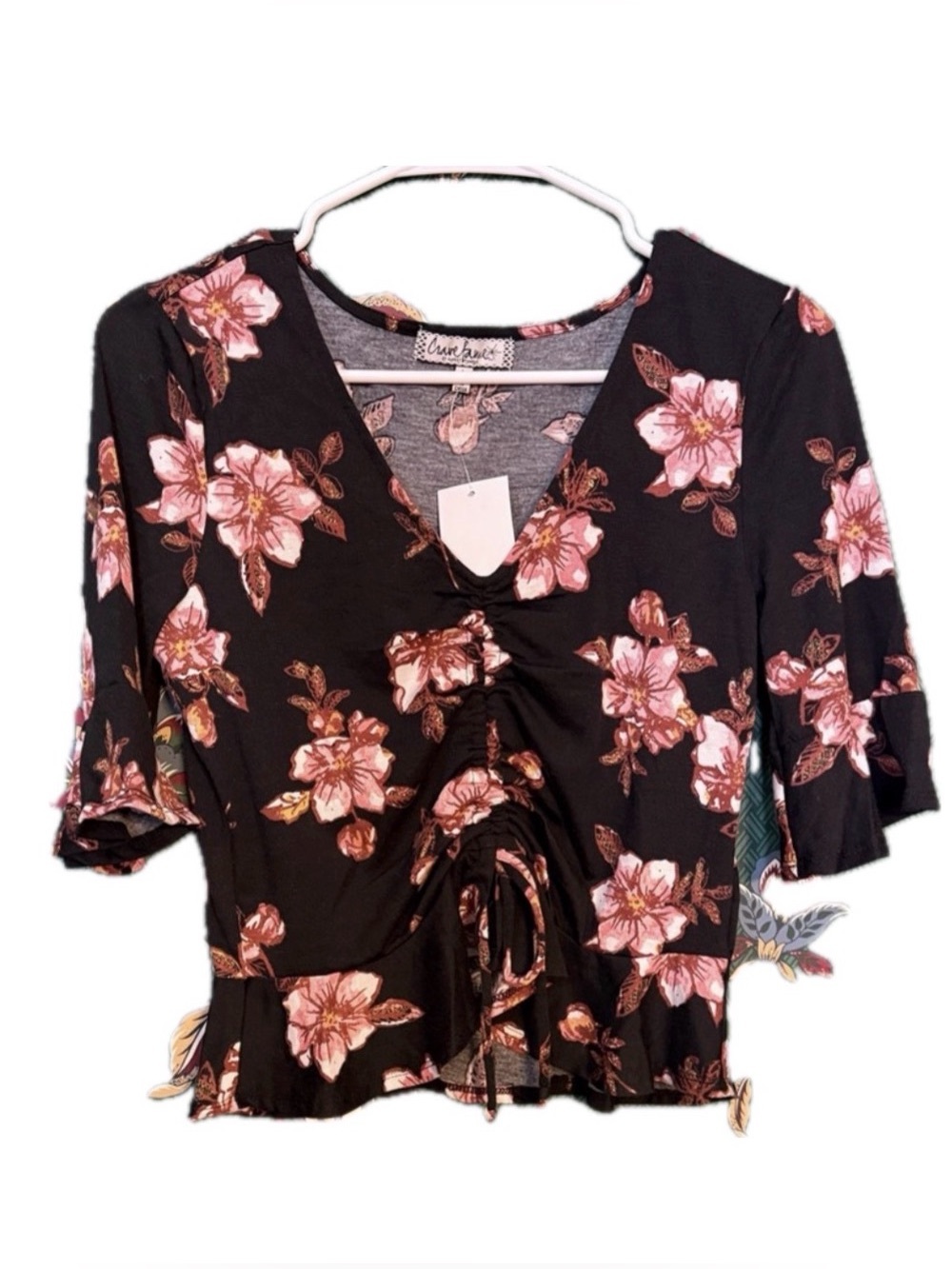 Craved Framed Black Floral V-Neck Women's Top
